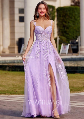 Vestidos de fiesta de tul con apliques de encaje para mujer 2025, vestido de fiesta formal de noche con tirantes finos y abertura 