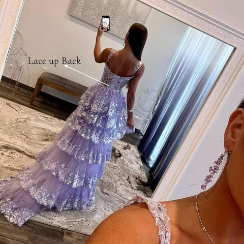Vestidos de fiesta de tul con encaje escalonado brillante, largos, 2025, tirantes finos, vestido de noche formal con corsé y abertura 