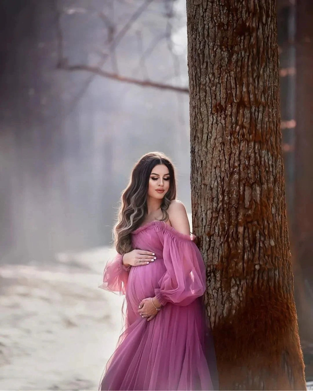 Puffy Sleeve Maternity Dress Tulle Robe for Photoshoot Off Shoulder Pregnancy Baby Shower Gown by Sunnderly