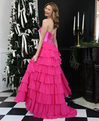 Strapless Corset Prom Dresses for Women 2025 Long Tiered Ruffle Chiffon Formal Evening Gown with Slit by Sunnderly