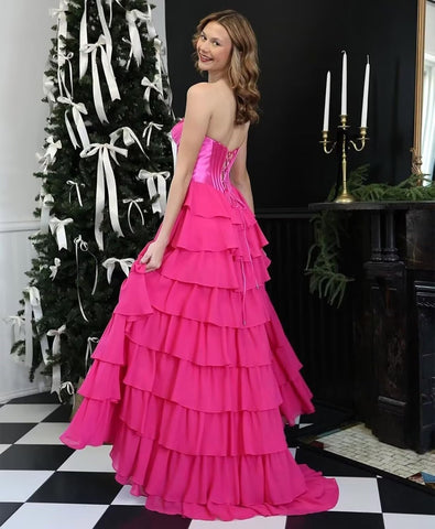 Vestidos de fiesta con corsé sin tirantes para mujer 2025, vestido de noche formal de gasa con volantes escalonados y abertura 