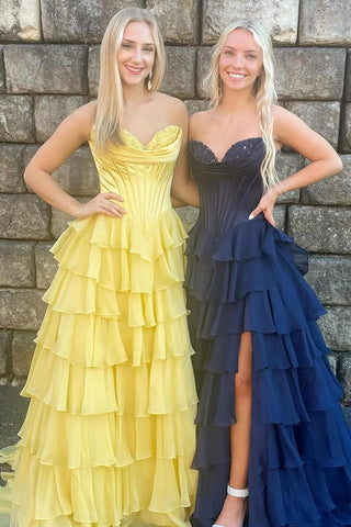 Vestidos de fiesta con corsé sin tirantes para mujer 2025, vestido de noche formal de gasa con volantes escalonados y abertura 
