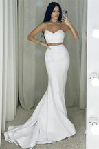 Two Piece Strapless Long Mermaid White Prom Dress by BIZTUNNEL