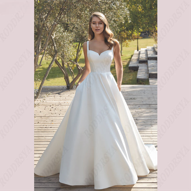 Civil V-Neck Wedding Dresses Square Collar Satin Bridal Gowns A-line Backless Buttons Bride Party Spaghetti Straps Hover Image