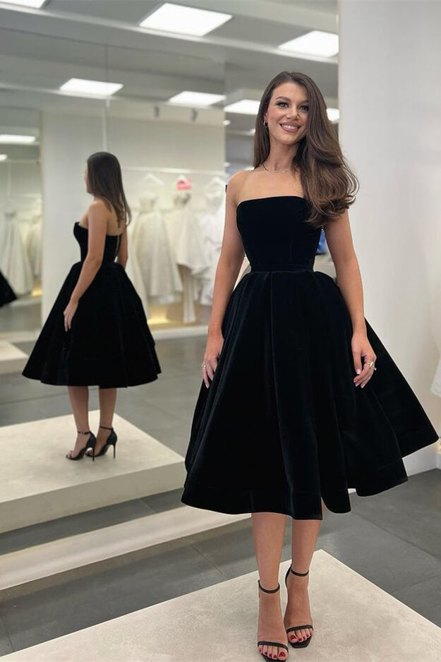 Black Short Strapless Sleeveless Tea Length Velvet Prom Dress Hover Image