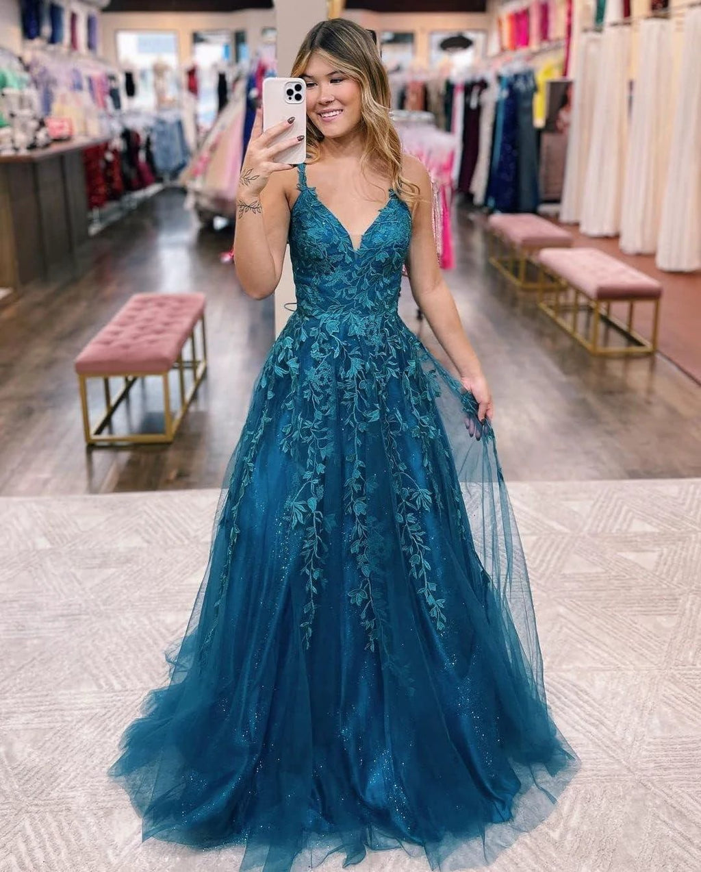 Floral Lace Glitter Tulle Prom Dress Long Ball Gown V Neck Formal Evening Dress Maxi Party Gown by Sunnderly