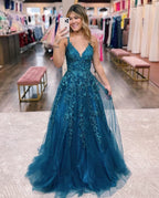 Floral Lace Glitter Tulle Prom Dress Long Ball Gown V Neck Formal Evening Dress Maxi Party Gown by Sunnderly