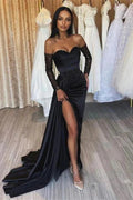 Black Long Off the Shoulder Sweetheart Satin Front Slit Prom Dress with Sleeves by BIZTUNNEL