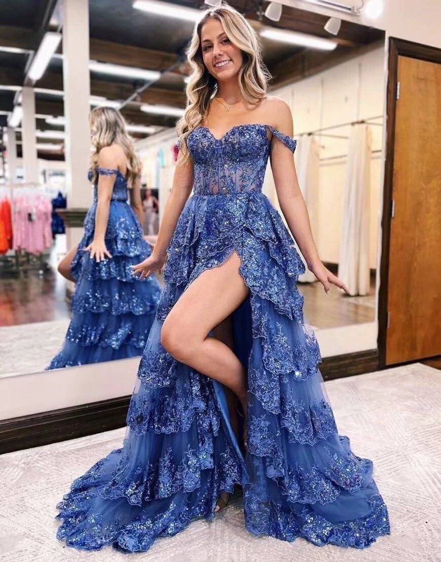 Sparkly Tiered Lace Tulle Prom Dresses Long 2025 Spaghetti Straps Formal Corset Evening Gown with Slit by Sunnderly