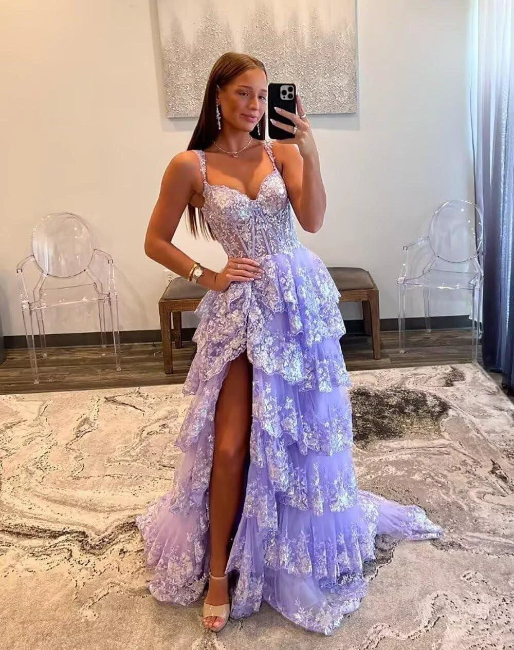 Sparkly Tiered Lace Tulle Prom Dresses Long 2025 Spaghetti Straps Formal Corset Evening Gown with Slit by Sunnderly