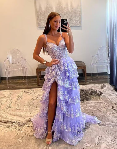 Vestidos de fiesta de tul con encaje escalonado brillante, largos, 2025, tirantes finos, vestido de noche formal con corsé y abertura 