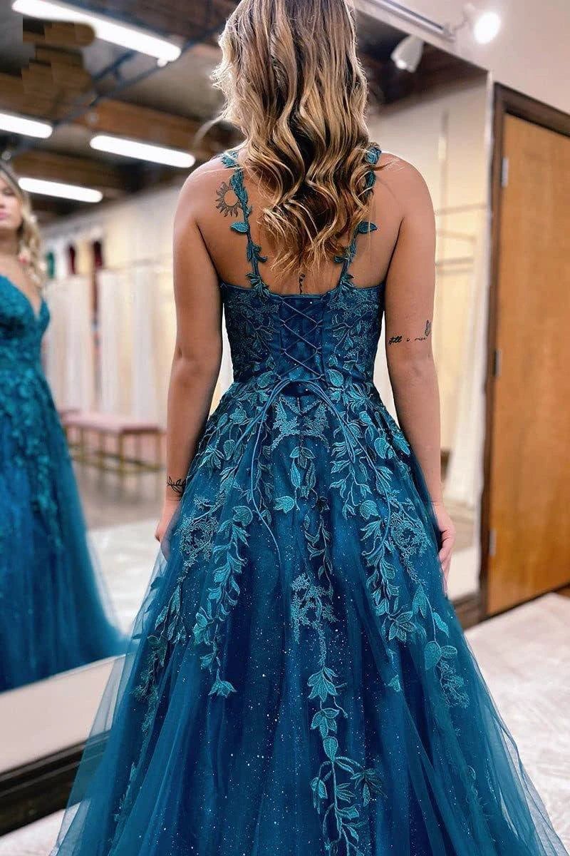 Floral Lace Glitter Tulle Prom Dress Long Ball Gown V Neck Formal Evening Dress Maxi Party Gown by Sunnderly