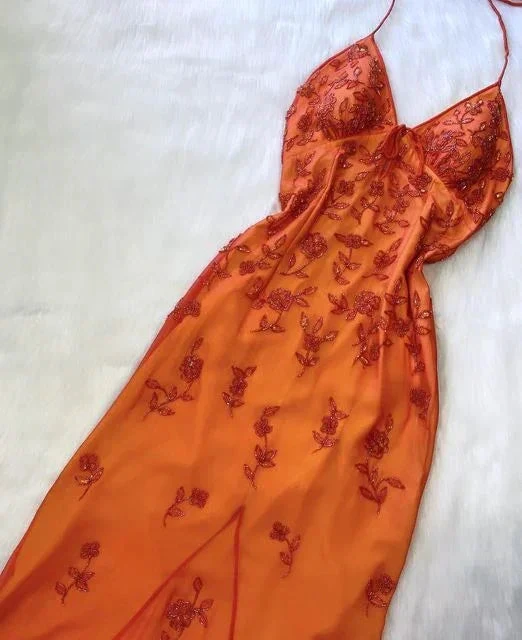 Beautiful Orange Straps Beaded Long Prom Dress Evening Dress Y7506 by simplepromdress