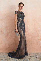 Glamorous Mermaid Beadings Long Prom Dress With Short Sleeves by BIZTUNNEL