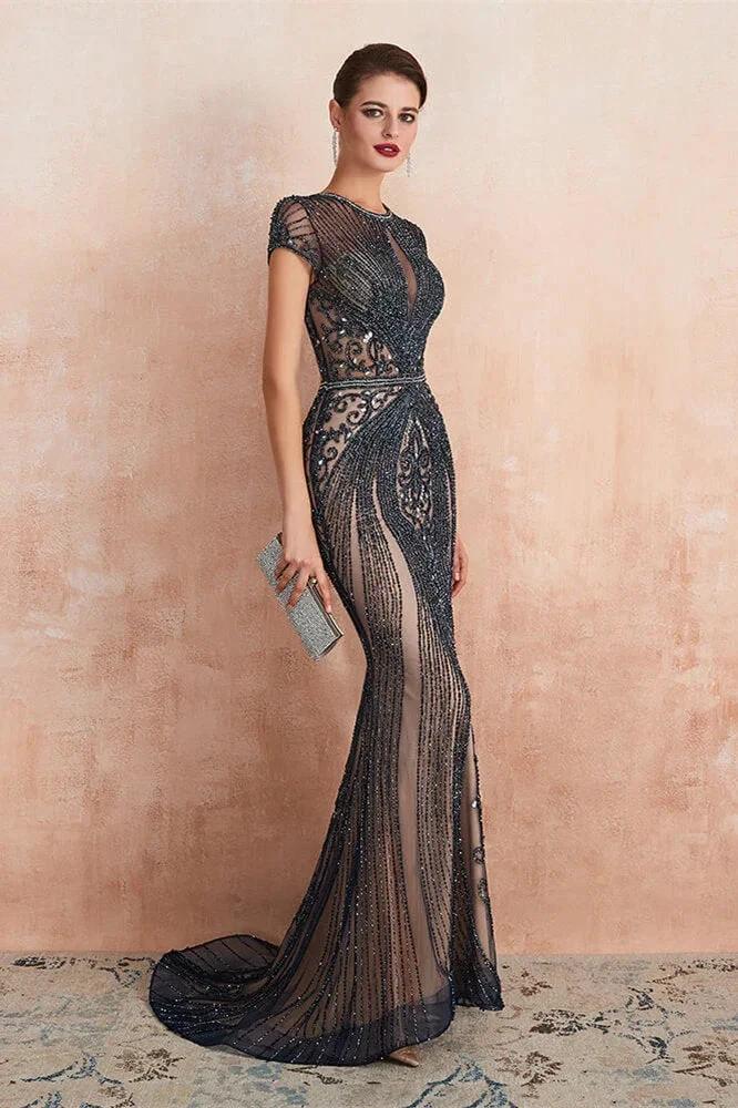 Glamorous Mermaid Beadings Long Prom Dress With Short Sleeves by BIZTUNNEL