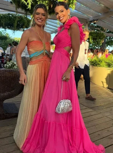 Chiffon A Line Ruffle Prom Dresses for Women V Neck Long Bridesmaid Dresses Backless Formal Evening Gowns Y3043 by simplepromdress