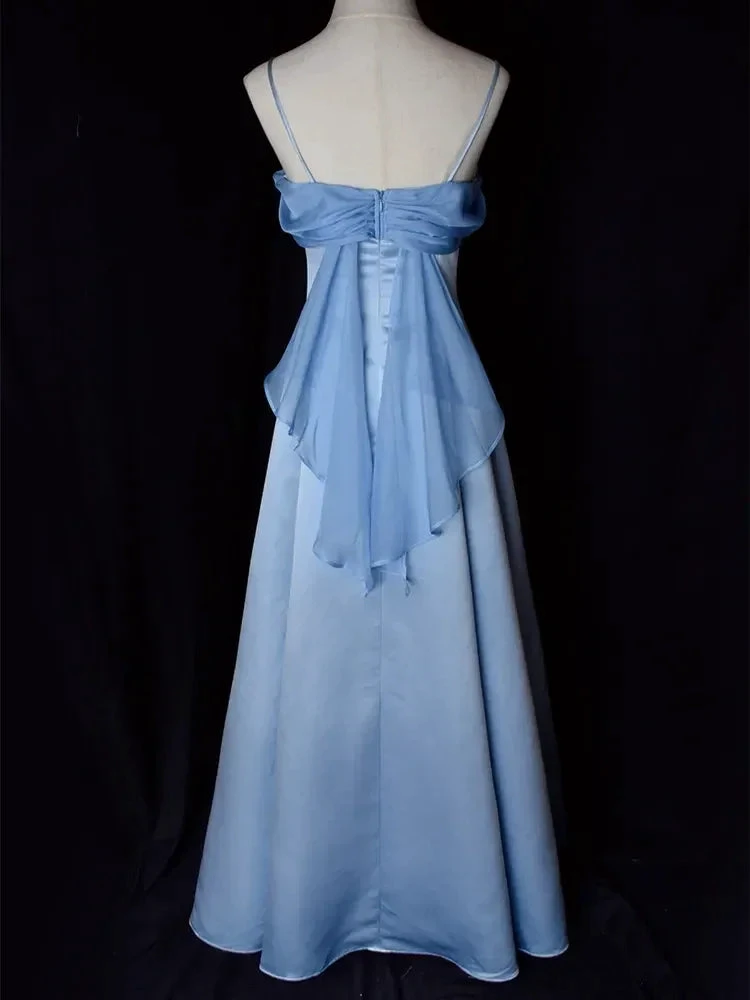 Elegant Blue Satin Spaghetti Straps Evening Gown A Line Long Party Dress Prom Dress Y7557 by simplepromdress