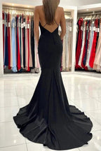 Sleek Black Charmeuse Long Mermaid Prom Gown with Spaghetti Straps by BIZTUNNEL