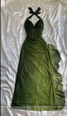 Vestido de fiesta de noche sexy de gasa con cuello en V y escote halter verde degradado Y7484