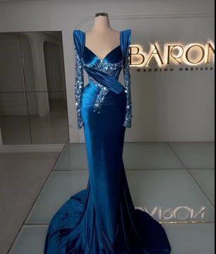 Royal Blue Mermaid Prom Dress with Elegant Long Sleeves and Sparkling Beadwork by BIZTUNNEL