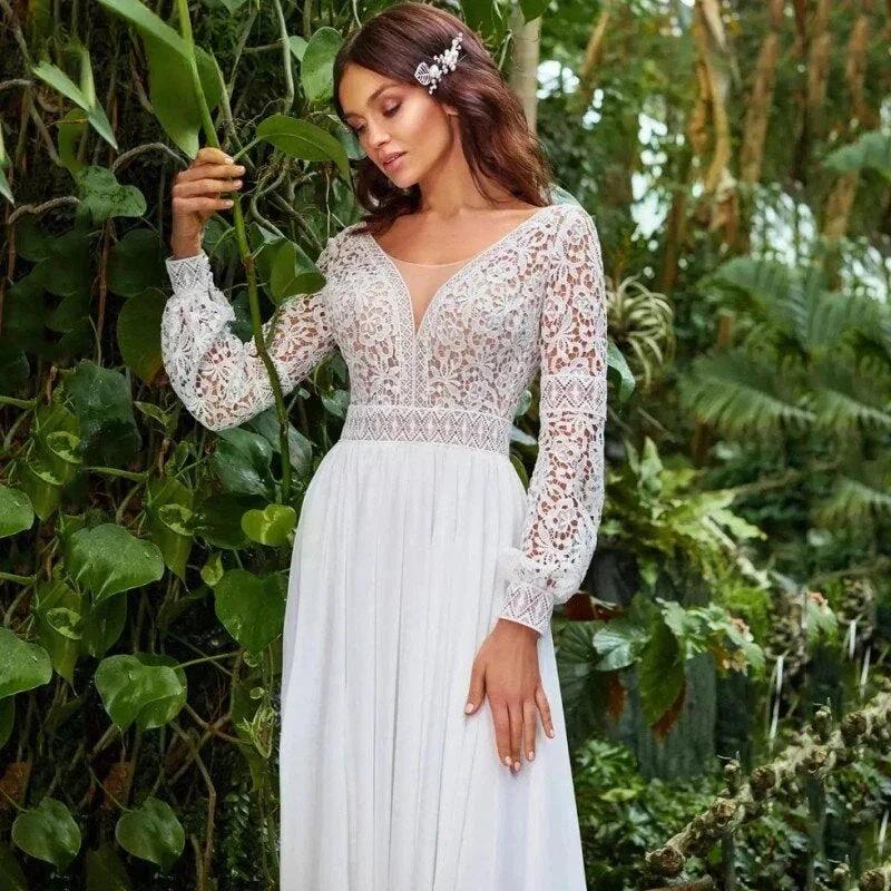 Bohemian Sweetheart Wedding Dresses A-Line Long Sleeve White Lace Applique Chiffon Backless Bridal Gown Train Vestidos De Novia by payinti