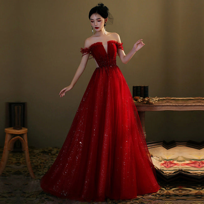 Red tulle sequins long prom dress red evening gown Y1179 Hover Image