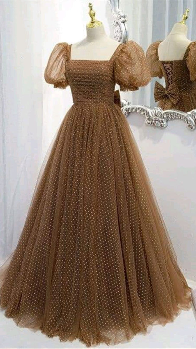 Beautiful Prom Dress New Brown Evening Dress Elegant Collar Puff Sleeve A-line Floor-length Point Prom Formal Gowns  Y1174 Hover Image