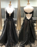 Black v neck lace tulle long prom dress, black evening dress Y1147 by simplepromdress