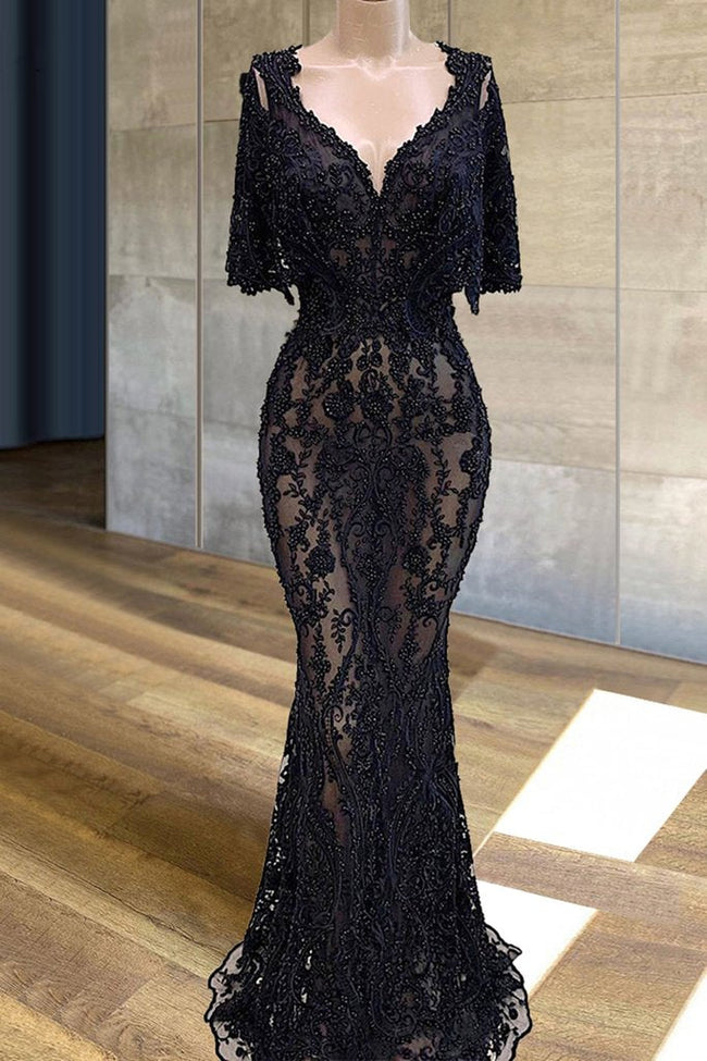 black evening dresses beaded evening dress modest evening dresses lace applique evening dresses Y1144 Main Image