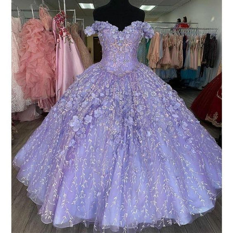 Vestido de quinceañera romántico con flores 3D en color lavanda y hombros descubiertos, vestido de fiesta para dulces 16 Y1152
