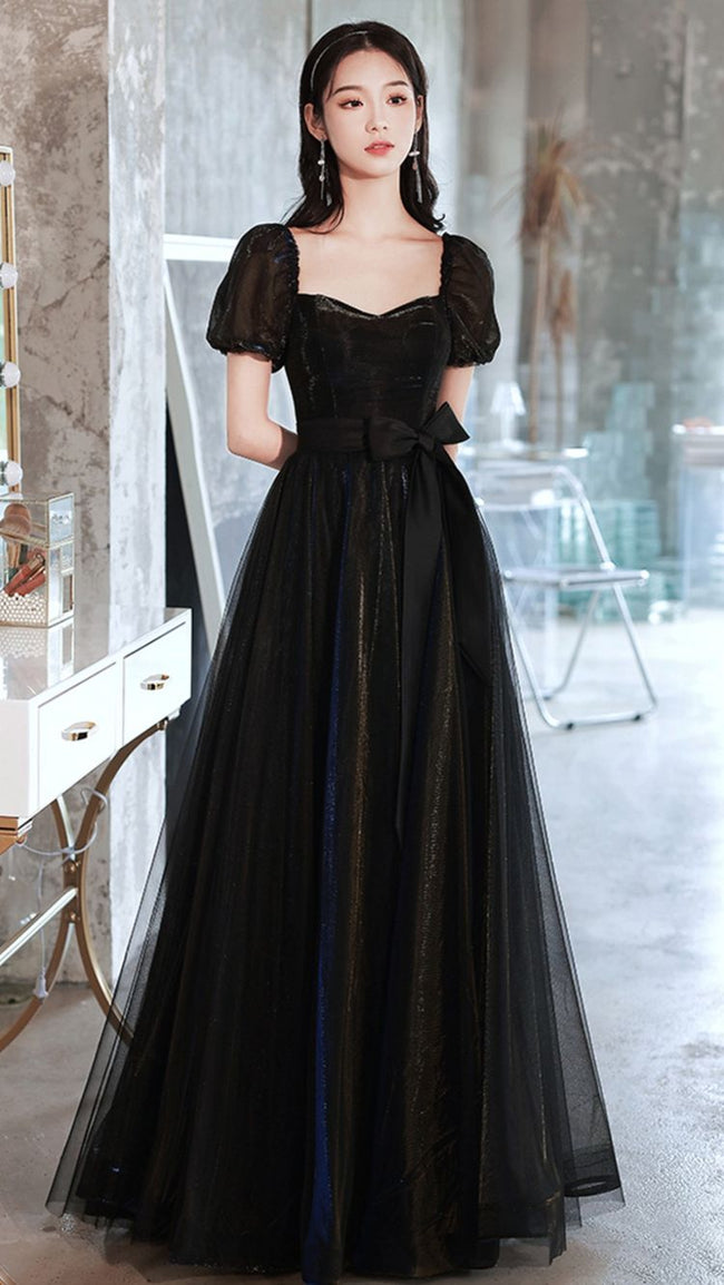 Black Tulle Long Prom Dress A line Evening Dress Y1138 Main Image