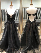 Black v neck lace tulle long prom dress, black evening dress Y1147 by simplepromdress