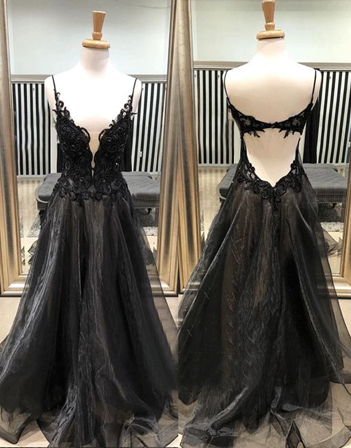 Black v neck lace tulle long prom dress, black evening dress Y1147 Main Image