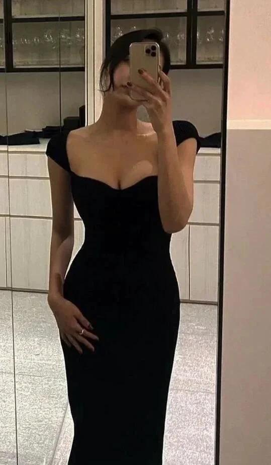 Simple Floor Length Black Prom Evening Dress With Cap Sleeves Y1142 by simplepromdress