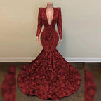 Luxury Prom Dress V Neck Long Sleeves Sequin African Black Girl Mermaid Gala Formal Party Evening Gowns  Y1153