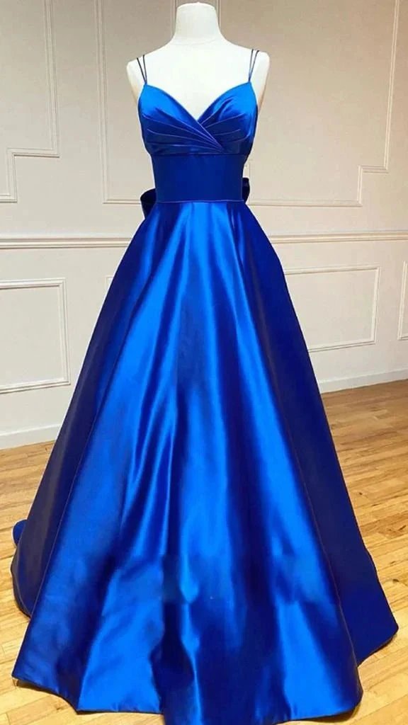 A-line Satin V Neck Royal Blue Prom Dresses Evening Dresses Y1163 by simplepromdress