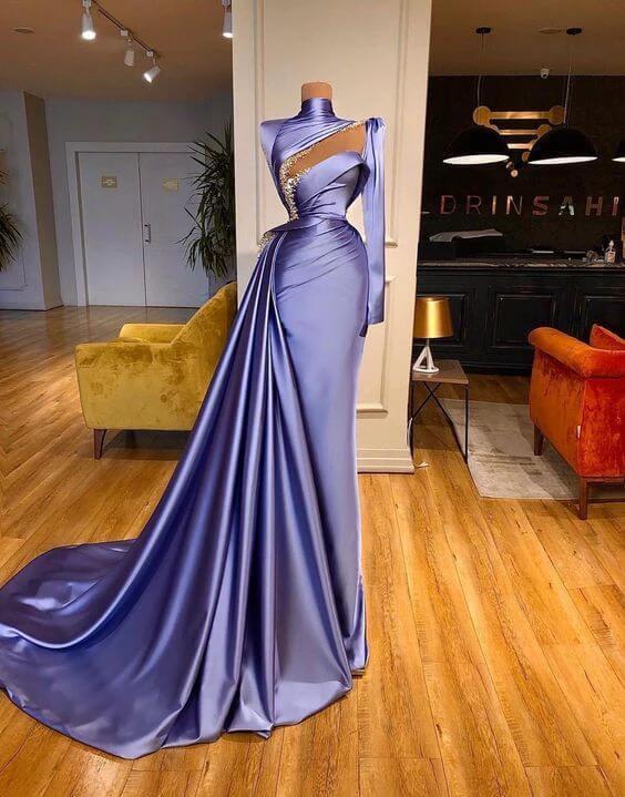 High Neck Long Sleeves Mermaid Long Prom Dress With Beadings and Ruffles by BIZTUNNEL