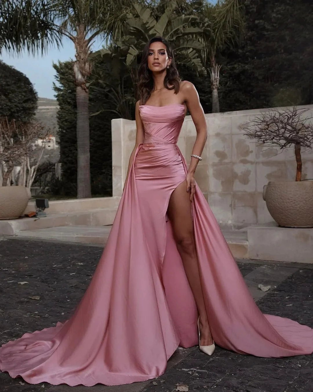 Long Mermaid Strapless Sleeveless Satin Prom Dress With Slit by BIZTUNNEL