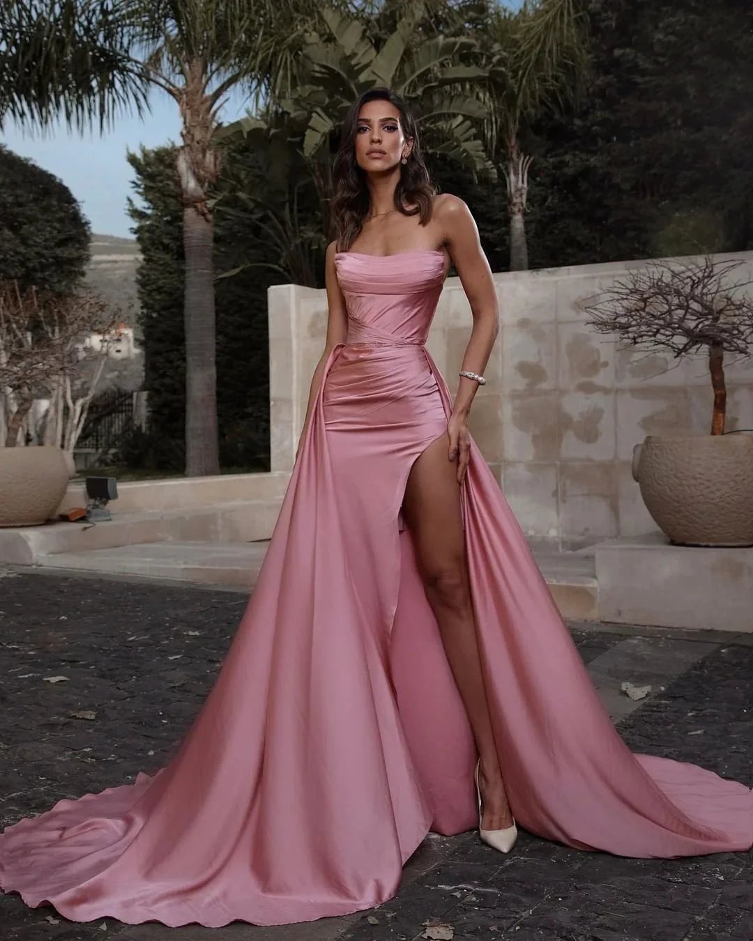 Long Mermaid Strapless Sleeveless Satin Prom Dress With Slit by BIZTUNNEL