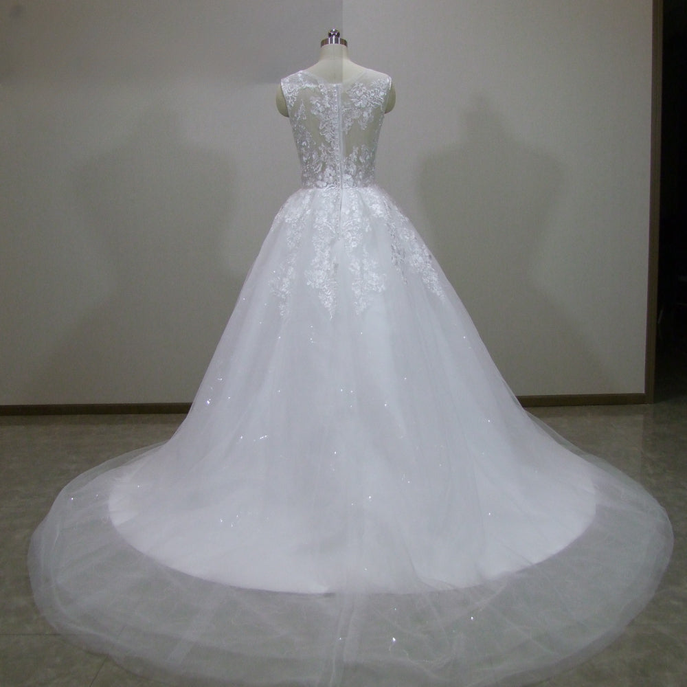 Scoop Lace Applique A Line Wedding Dresses Sleeveless Illusion Tulle Boho Bridal Gown Vestido De Noiva