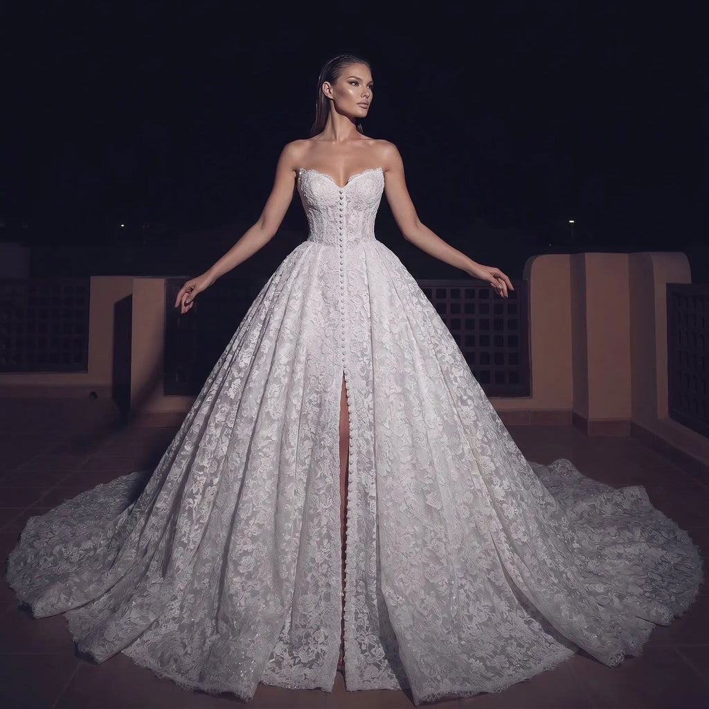 White Floral Lace Strapless Bridal Gown Sweetheart Neckline Front Button Ball Gown SW742