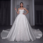 White Satin Strapless Wedding Dress Lace Appliques Sweetheart Neckline Ball Gown SW743