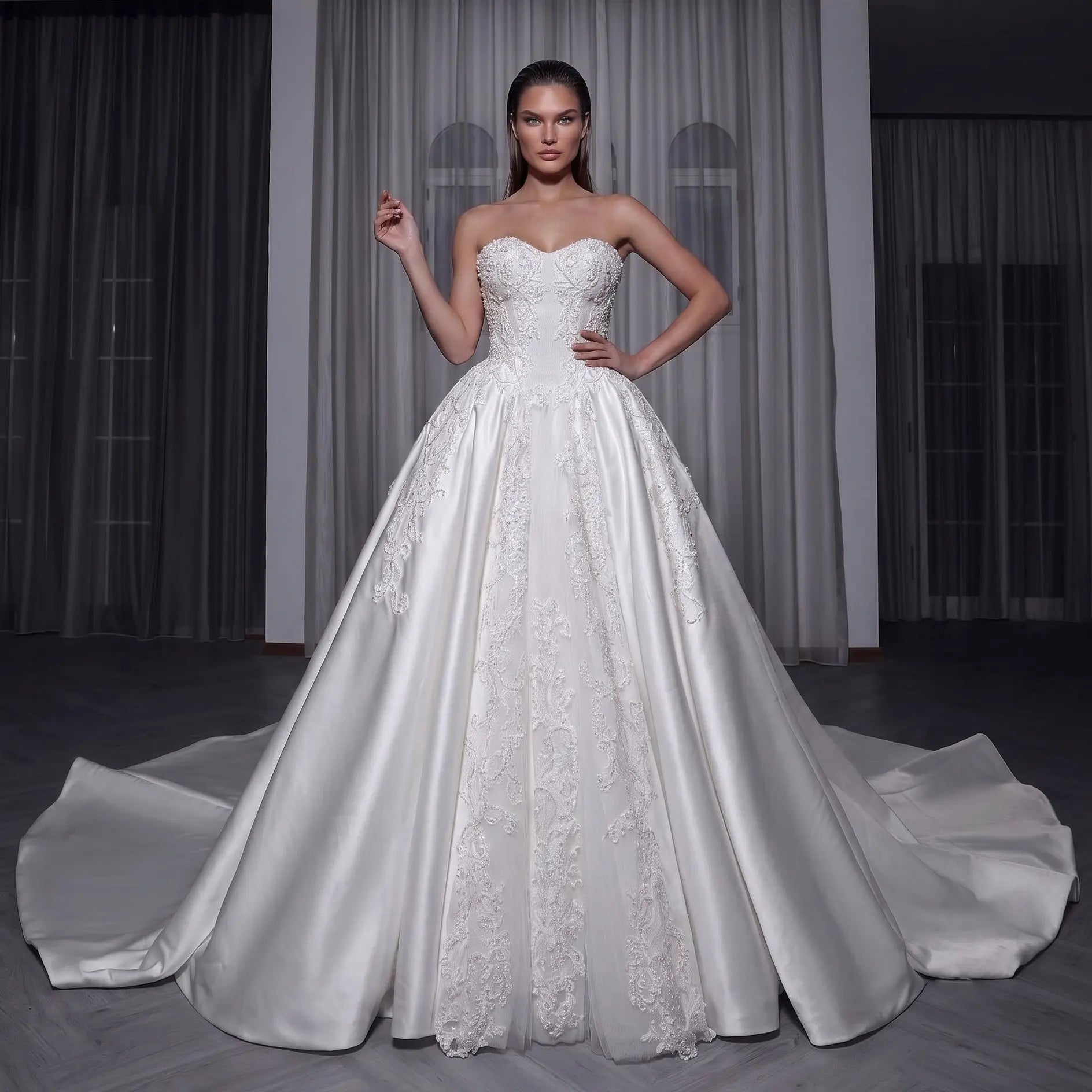 White Satin Strapless Wedding Dress Lace Appliques Sweetheart Neckline Ball Gown SW743