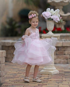 Elegant Knee-Length Pink Flower Girl Dress with Floral Appliques - photo 2
