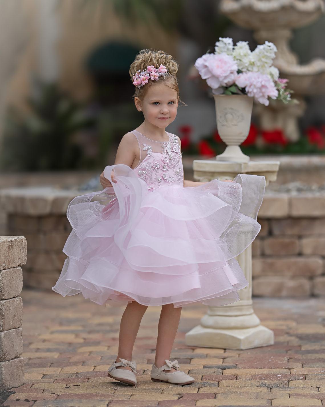 Elegant Knee-Length Pink Flower Girl Dress with Floral Appliques - photo 2