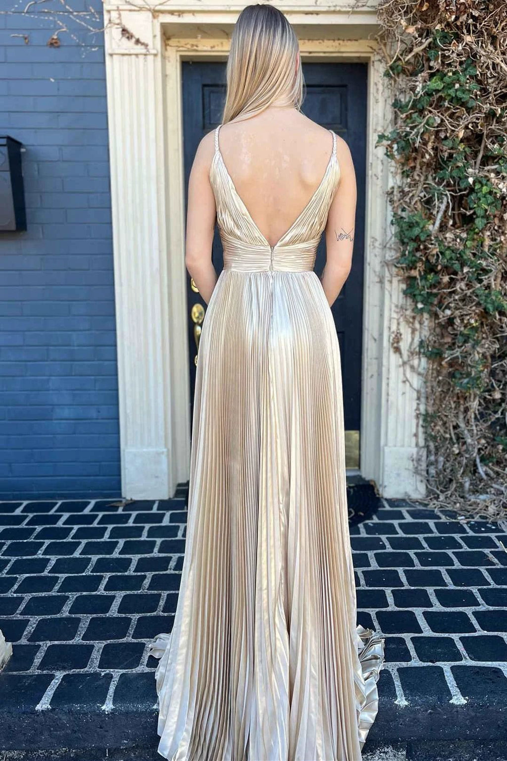 Barbara | Plunging V-Neck Gold Pleated Long Prom Dress by KissProm