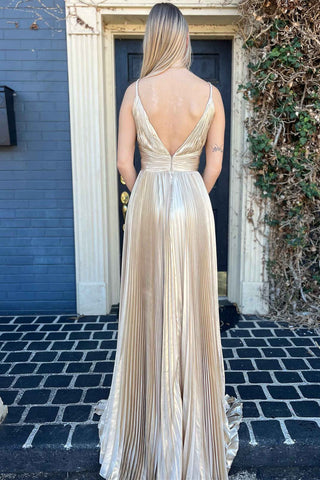 Barbara | Vestido de fiesta largo plisado dorado con escote en V pronunciado