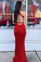 Melody | Red Mermaid V Neck Sequins Backless Long Prom Dress by KissProm