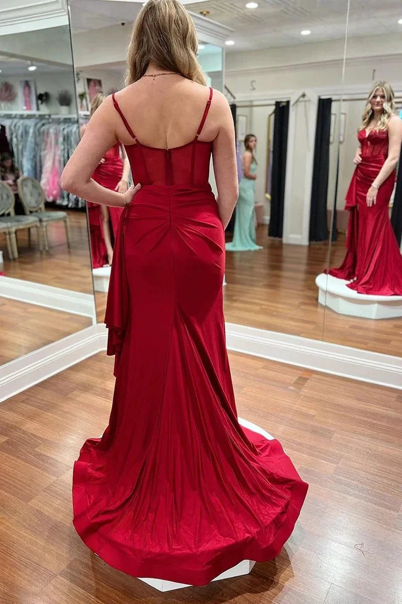 Dark Red Sweetheart Satin Mermaid Long Prom Dresses with Slit by Kissprom
