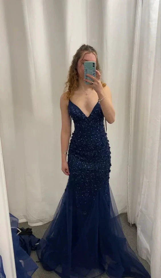 Vintage Navy Blue Prom Dress Sexy Mermaid Evening Dress Y7888 by simplepromdress